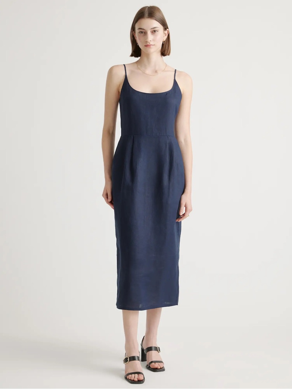 Navy Sleeveless Midi Linen Dress with Scoop Neck